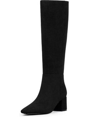Women's Suede Black Knee High Boots Chunky Heel Square Toe Long Block Heel Boots